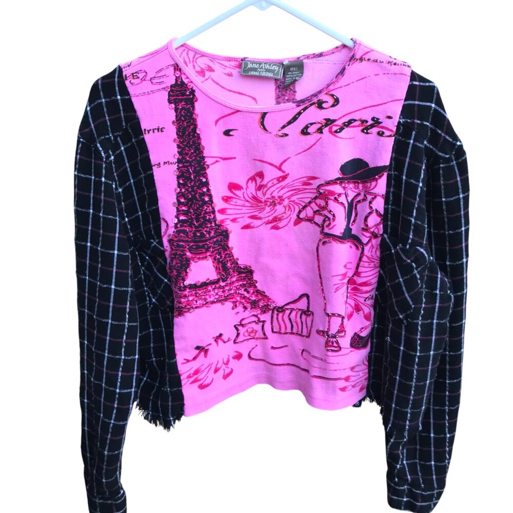 Oversized Paris Graphic T-Shirt Pullover, Upcycled Reworked Flannel Tee Sz S - M